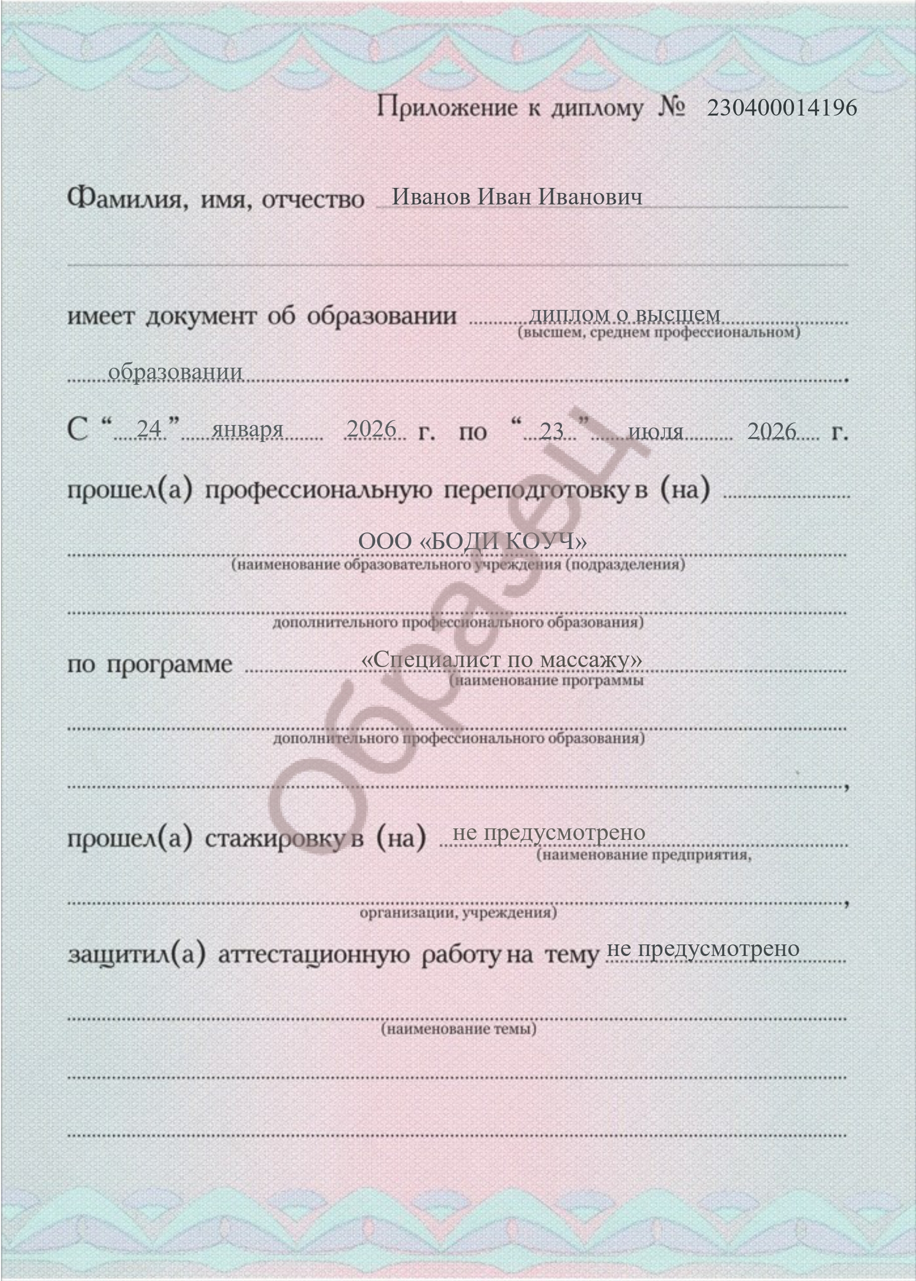 Диплом о профессиональной переподготовке — Приложение 1